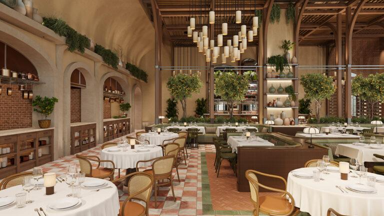 The interior of an Italian restaurant with a brown and green setting