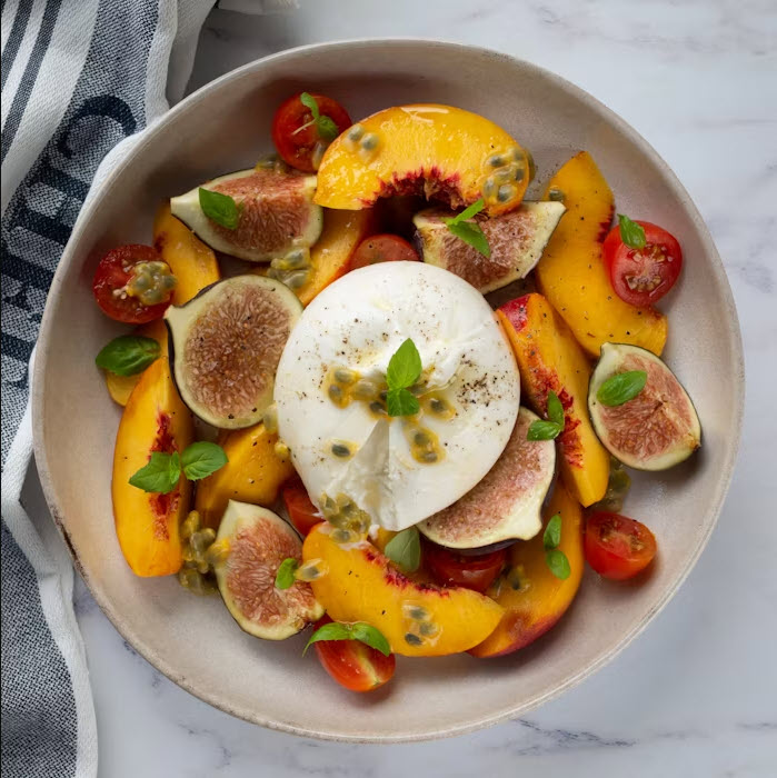 Burrata cheese on a food platter 