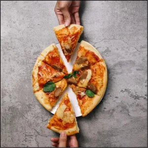 Two people taking one pizza slice each