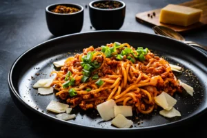 Plate of spaghetti bolognese topped with chopped green onions and shaved parmesan cheese, served on a black dish with pepper and chili flakes in the background.